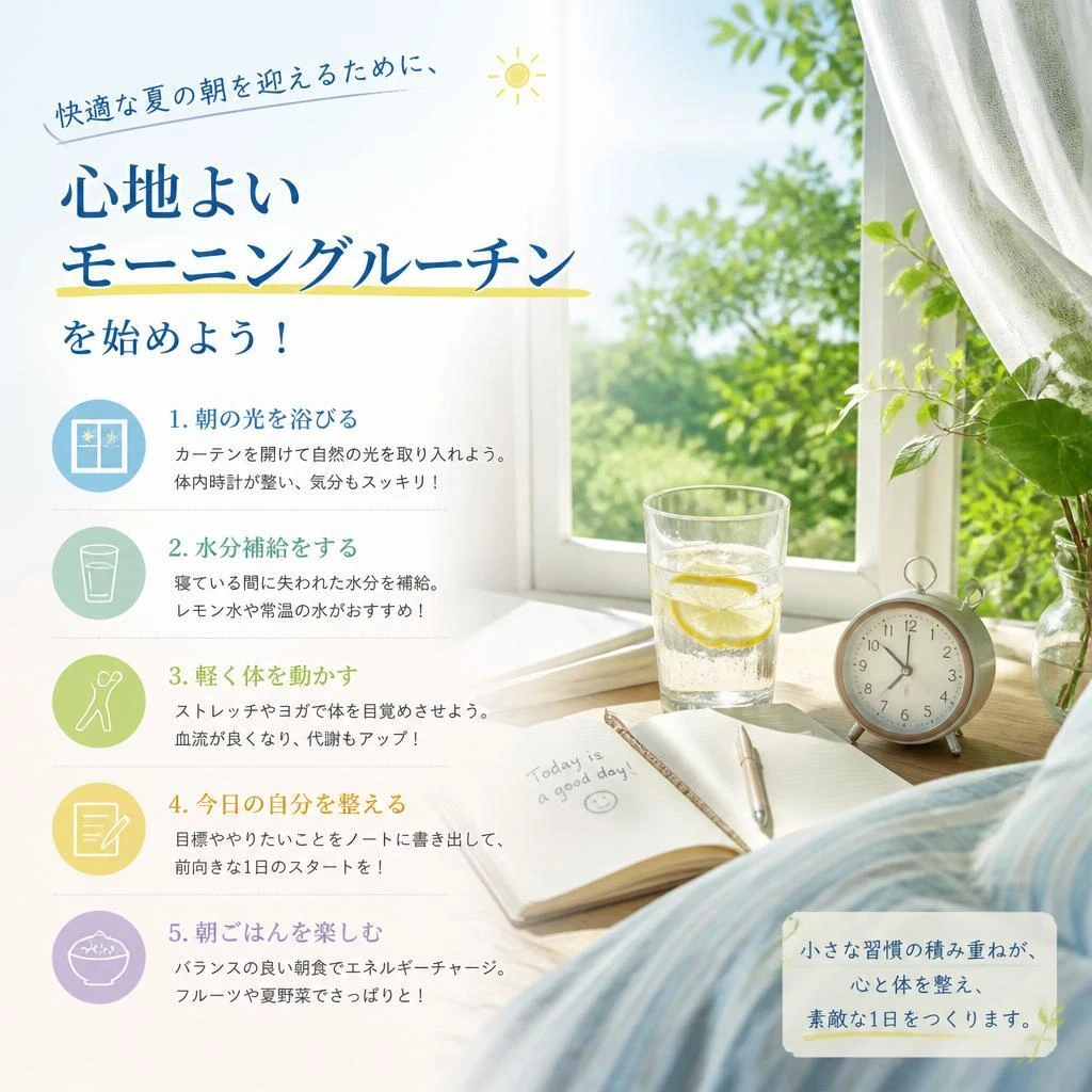 快適な夏の朝を迎えるために、心地よいモーニングルーチンを始めよう！